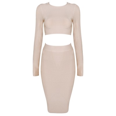 'Sila' nude two piece bandage jurk met lange mouwen 